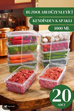 20 Adet 1 Litre Kendinden Kapaklı Derin Dondurucuya Uygun Saklama Kabı Düzenleyici  (1000 Ml)