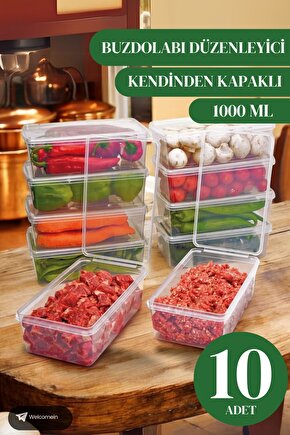 10 Adet 1 Litre Kendinden Kapaklı Derin Dondurucuya Uygun Saklama Kabı Düzenleyici  (1000 Ml)