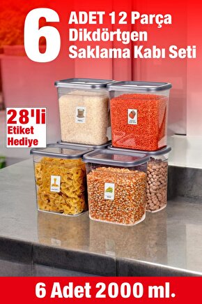 6 Adet 12 Parça Etiket Hediyeli 2000 ml. Sızdırmaz Kapaklı Erzak Bakliyat Saklama Kabı  Çeyiz Seti