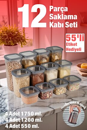 12 Adet 24 Parça 550 ml. 1200 ml. 1750 ml. Sızdırmaz Kapaklı Kare Erzak Bakliyat Saklama Kabı Seti