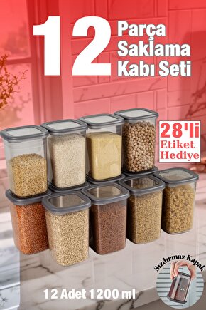 12 Adet 24 Parça Etiket Hediyeli 1200 ml. Sızdırmaz Kapaklı Kare Erzak Bakliyat Saklama Kabı Seti