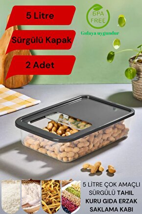 2 li Sürgülü Kayar Kapaklı Erzak Bakliyat Saklama Kabı Çok Amaçlı Buzdolabı Düzenleyici 5 Lt.