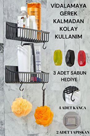 Banyo Rafı Yapışkanlı 2li Banyo Düzenleyici Duş Rafı Organizer ve 3 Adet Doğal Sabun (HEDİYE)