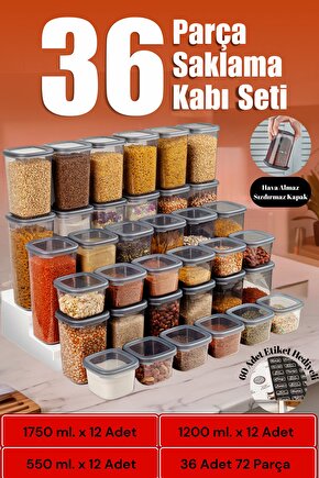 36 Adet 72 Parça 550 ml. 1200 ml. 1750 ml.  Sızdırmaz Kapaklı Kare Erzak Bakliyat Saklama Kabı Seti