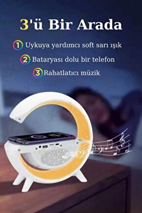 Telefon Kablosuz Hızlı Şarj Aleti Masa ve Gece Lambası Bluetooth Hoparlör ve Fm Radio Powerbank