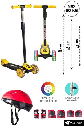 Sarı Led Işıklı 3 Tekerlekli Cool Wheels Yükseklik Ayarlı Çocuk Scooter Ve Kask Dizlik Dirseklik Set