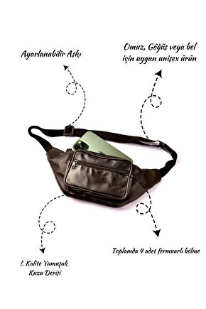 Unisex Siyah Hakiki Deri Freebag Bel ve Göğüs Çantası