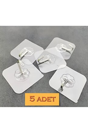 5 Adet 6x6 Cm Şeffaf Kendinden Yapışkanlı Kancalı Suya Dayanıklı Güçlü Askı