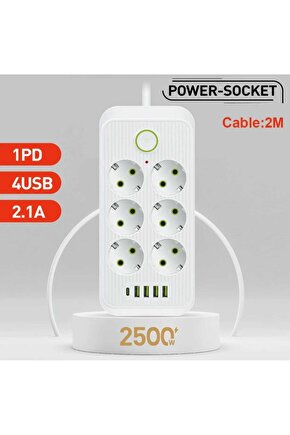 6 LI PRİZ 6 Soket 220V 4Usb 5V2.1A 1 Pd 2.1A Şarj Termal Akım Korumalı Priz 2 Metre Kablo Çoklu Priz