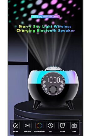 Işıklı Bluetooth Hoparlör Ortam Aydınlatmalı 15W Kablosuz Şarj Cihazı Starry Gece Lambası Çalar Saat