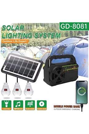 Güneş Enerji Panelli Solar Güç Sistemi Powerbank Kamp Doğa Balık Karavan Fener Fm Bluetoth Müzik