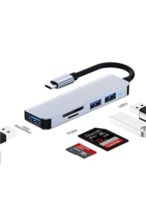 Type C Adaptör 5 In 1 Usb Hub Sd Tf Kart Usb Type C Macbook Çevirici Uyumlu