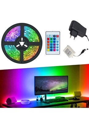 5 Metre Rgb Şerit Led Uzaktan Kumandalı Silikonlu Iç Ve Dış Mekan Adaptörlü