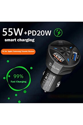 Araç Çakmaklık Şarjı 2 Usb + 20w Pd Şarj Çıkışlı Hızlı Şarj Destekli 55w Qc 3.0