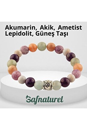 Akumarin, Akik, Ametist Lepidolit, Güneş Taşı Doğal Taş Bileklik 8 Mm