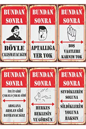 Bundan Sonra Böyle Komik Atarlı Duvar Yazıları 6lı Mini Retro Ahşap Poster Seti