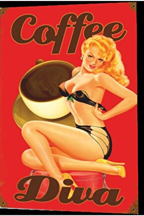 Coffee Diva Pin Up Kızı Retro Ahşap Poster