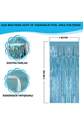 Himarry Açık Mavi Renk Ekstra Metalize Parlak Saçaklı Arka Fon Perde İthal A Kalite 1x2 Metre