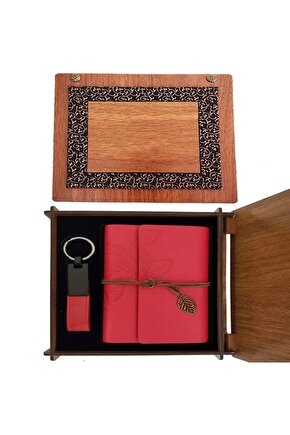 himarry Ahşap Kutulu Kırmızı Deri Defter Ve Anahtarlık Set