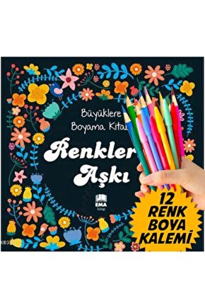 Mandala Büyükler Için Boyama Kitabı Renkli Kuru Boya Kalemi 12li M.s