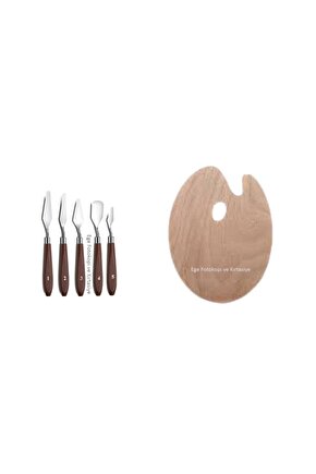 5li Metal Spatula Ve 30x40 Cm Oval Ahşap Palet Resim Seti