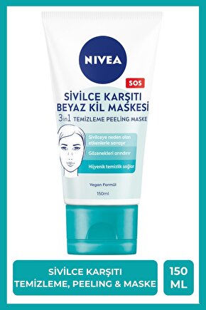 3in1 Sivilce Karşıtı Beyaz Kil Maskesi 150ml, Temizleyici, Peeling, Maske, Gözenek Arındırıcı