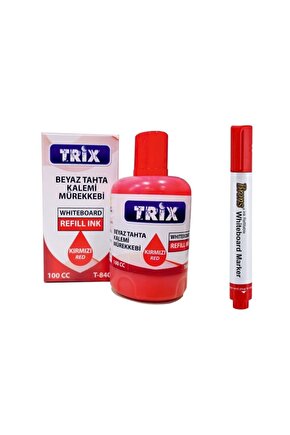 Doldurulabilir Beyaz Yazı Tahtası Kırmızı Kalemi + Trix Mürekkebi 10 ml - Kırmızı