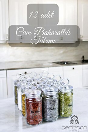 12 Adet Vakumlu Halka Kapak Cam Baharat Takımı (ETİKET HEDİYELİ)