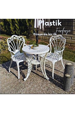 Istanbul Model Ferforje Görünümlü 60 Cm Çap Plastik Masa Ve 2 Sandalye Balkon Takımı