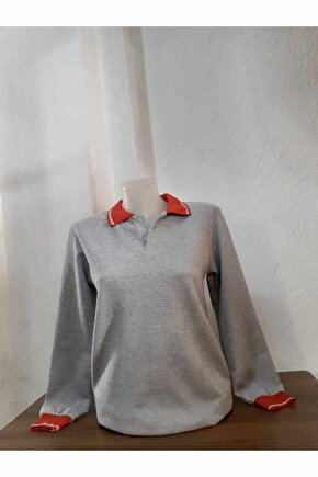 Gri 2 Düğmeli Kırmızı Yakalı Sweatshirt