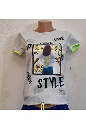 Gri Baskılı Kolu Yeşil Şeritli Beli Bağcıklı T-shirt