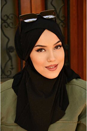 Siyah Bürümcük Çapraz Bantlı Medium Size Hijab - Hazır Şal