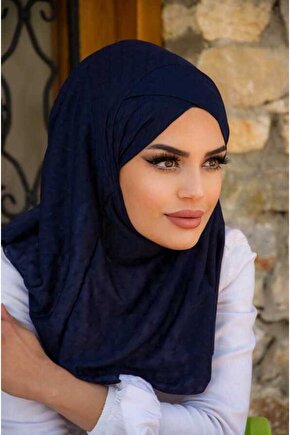 Lacivert Ponpon Çapraz Bantlı Medium Size Hijab - Hazır Şal