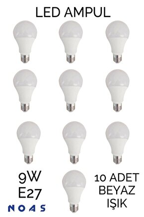 10 Adet 9 Watt E27 Duylu Led Ampul - Beyaz Işık- 10lu Paket