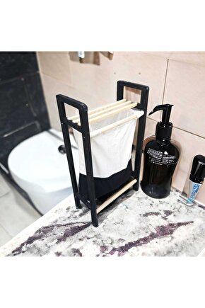 Banyo Düzenleyici Çamaşır Sepeti Ahşap Raflı Kirli Sepeti Keten Kumaşlı Organizer