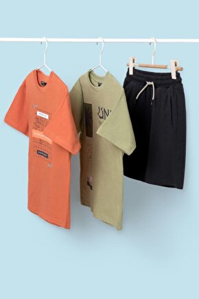 Erkek Çocuk 8-18 Yaş T-shirt & Şort 3lü Set 6669 Yeşil