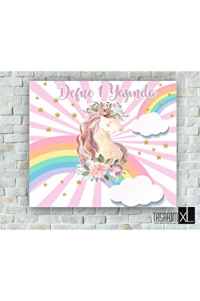 Unicorn Temalı Doğum Günü Afişi 100x100 cm