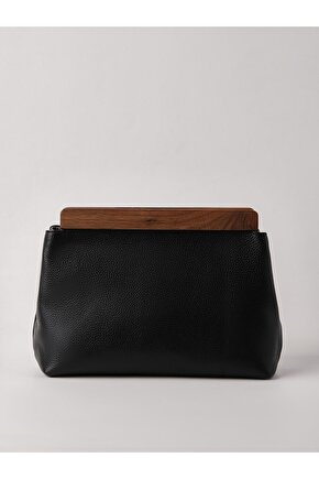 Kadın Siyah Hakiki Deri Ahşap Aksesuarlı Clutch El Çantası