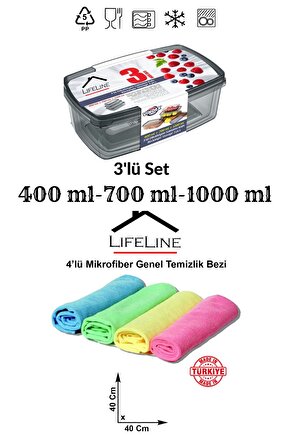 3lü Saklama Kabı Set 400ml 700ml 1000ml 4lü Mutfak Bezi Mikrofiber Genel Temizlik Bezi 40x40 Cm