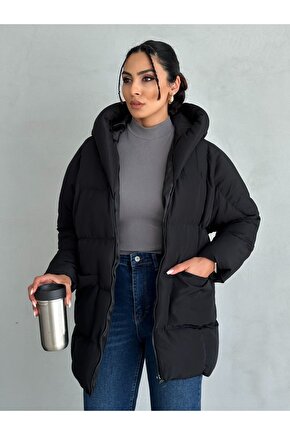 Puffer Yarasa Şişme Siyah Oversize Mont