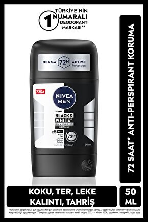 MEN Erkek Stick Deodorant Black&white Invisible Original 150ml, 72 Saat Anti-perspirant Ter Koruması