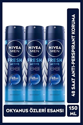 MEN Erkek Sprey Deodorant Fresh Active,48 Saat Deodorant Koruması, 150ml 3 Adet