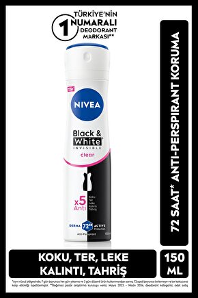 Kadın Sprey Deodorant Black&White Invisible Clear 150ml, 72 Saat Anti-perspirant Ter Koruması