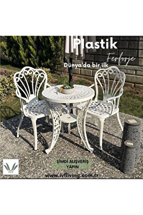 Istanbul Model Ferforje Görünümlü 60 Cm Çap Plastik Masa Ve Sandalye Balkon Takım 2 Sandalye 1 Masa