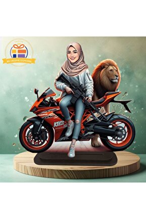 Tesettürlü Motorsikletli aslanlı  elinde silah  karikatürü biblo  3d