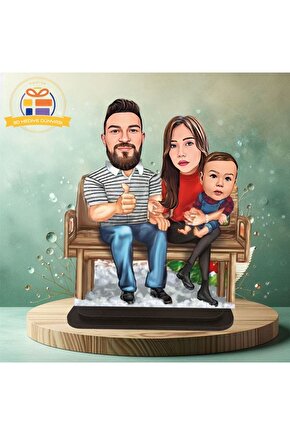 Bankda oturan aile karikatürlü biblo hediye  3d masa üstü biblo hediyesi