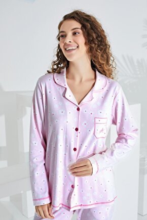 %100 Pamuk Uzun Kol Önden Düğmeli Kadın Pijama Takımı 98228-29