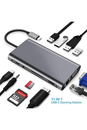 Type C Adaptör 11 In 1 Usb Hub Hdmi Lan Vga Sd Tf Kart Usb Type C Macbook Çevirici