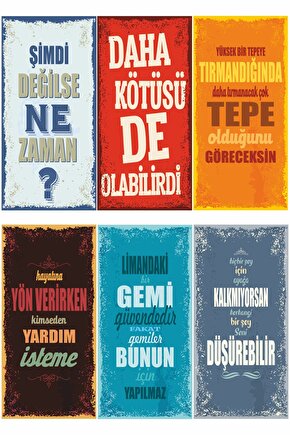 Motivasyon Eğlenceli Öğretici Duvar Yazıları-7- 6lı Mini Retro Ahşap Poster Seti