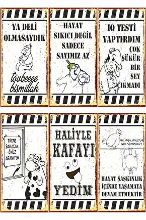 Ya Deli Olmasaydık Eğlenceli Komik Atarlı Duvar Yazıları 6lı Mini Retro Ahşap Poster Seti